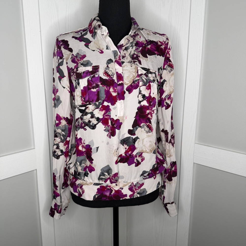 White House Black Market Blouse Womens 6 Purple Floral 100% Silk Smocked Hem